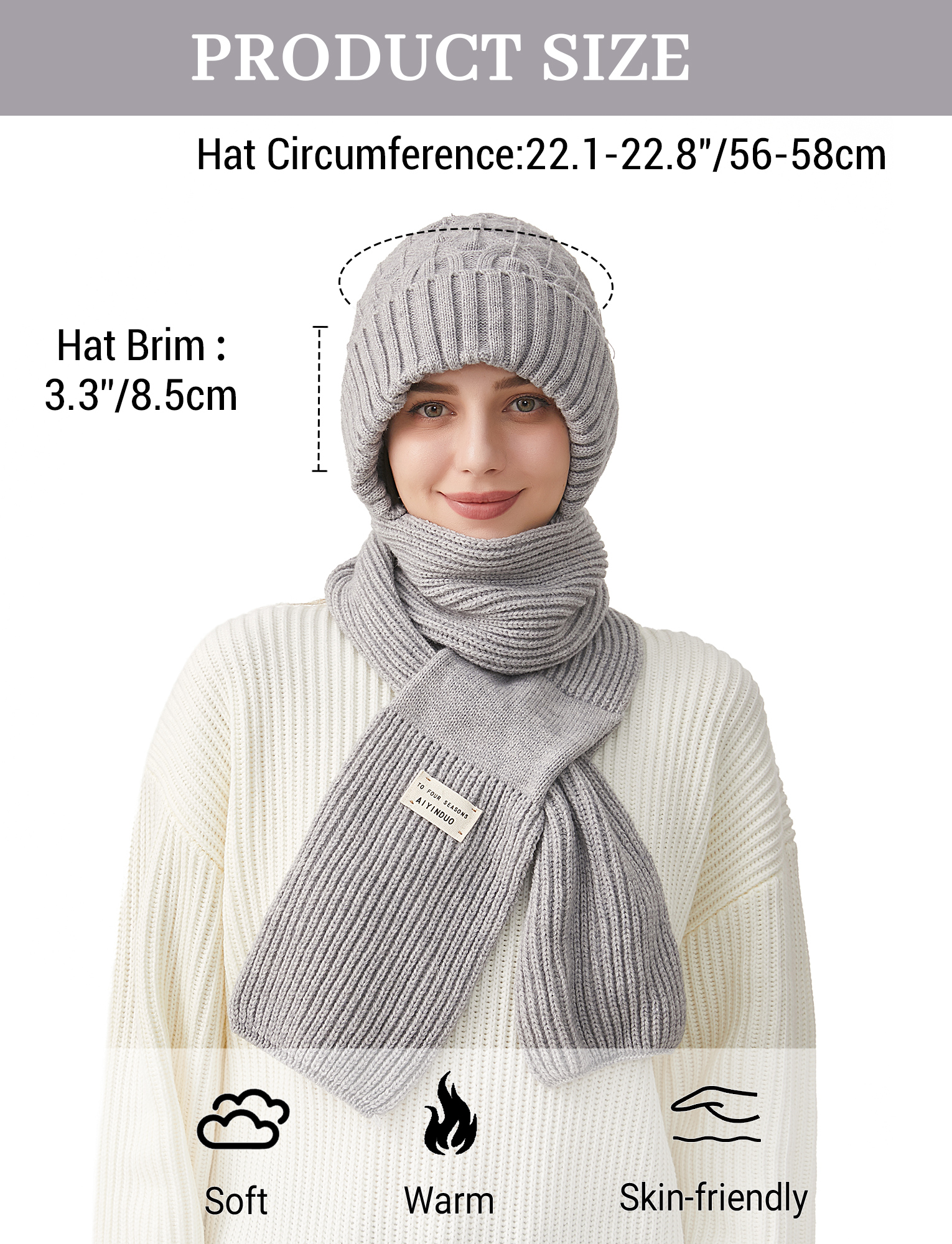 FEOYA Integrated Ear Protection Windproof Cap Scarf Women Fleece Balaclava One-Piece Hat Hood Scarf Beanie Warm Knitted Ski Scarf Hat Gray