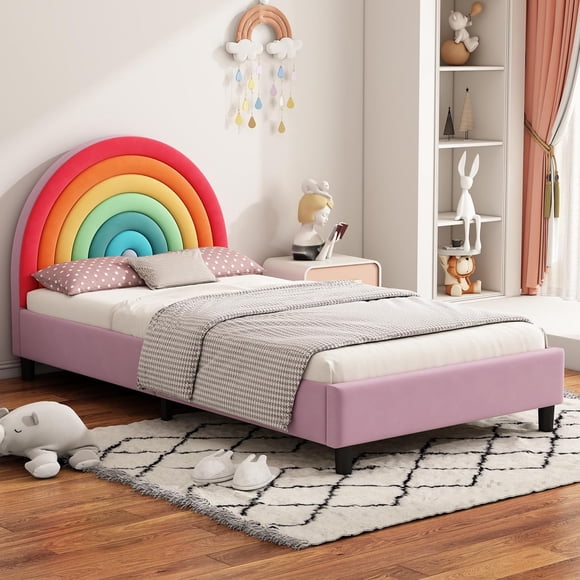 Twin Size Rainbow Bed Frame for Kids, Upholstered Platform Bed With Rainbow Headboard, Princess Bed for Girls, No Box Spring Needed, Pink