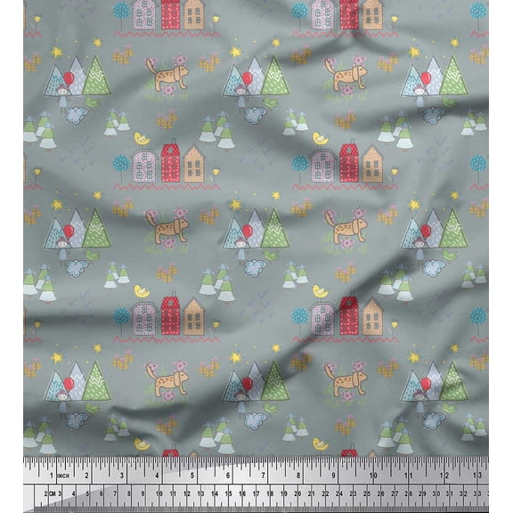 Soimoi Silk Fabric House,Tree & Dog Clip Art Decor Fabric Printed Yard 42 Inch Wide