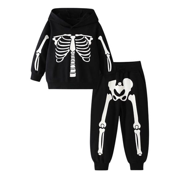 CONZONE Halloween Toddler Boys Outfits 2 Piece Skeleton Graphic Long Sleeve Hoodies Pants Set Funny Fall Winter Clothes for Kids