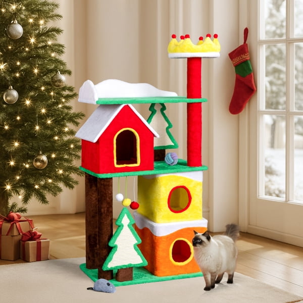 56in Christmas-Themed Plush Cat Tree, 3 Condos, Sisal Xmas Tree Scratching Ramps, Crown Perch, Hanging Balls, for Multi-Cat Households
