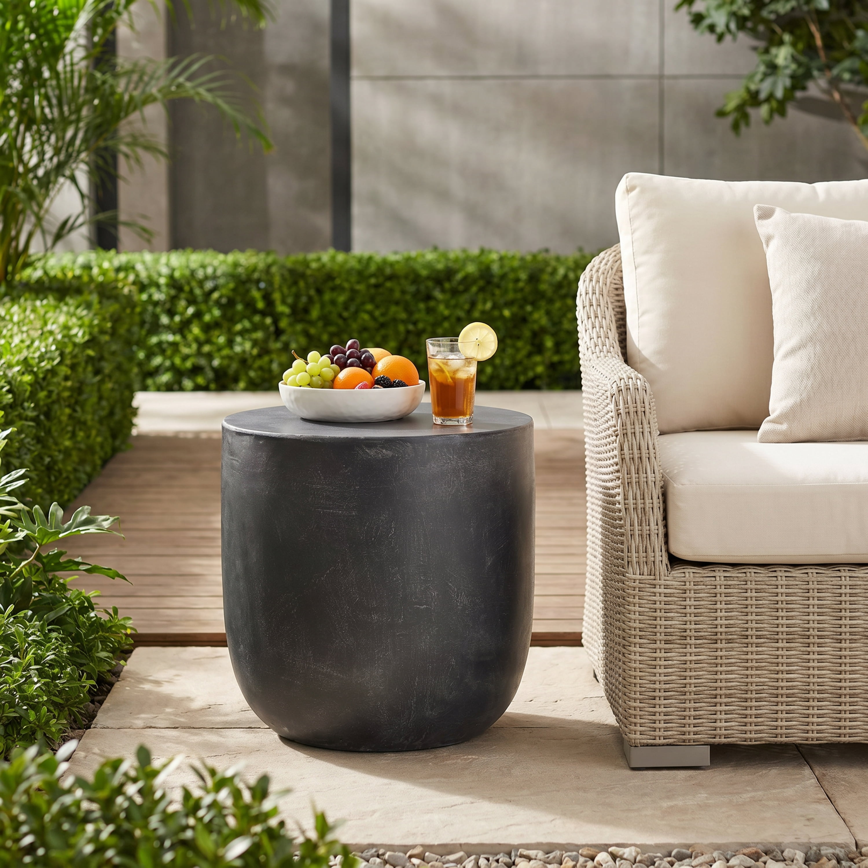 Outdoor Barrel Texture Side Table, Lightweight Concrete Craft for Patio Garden, White