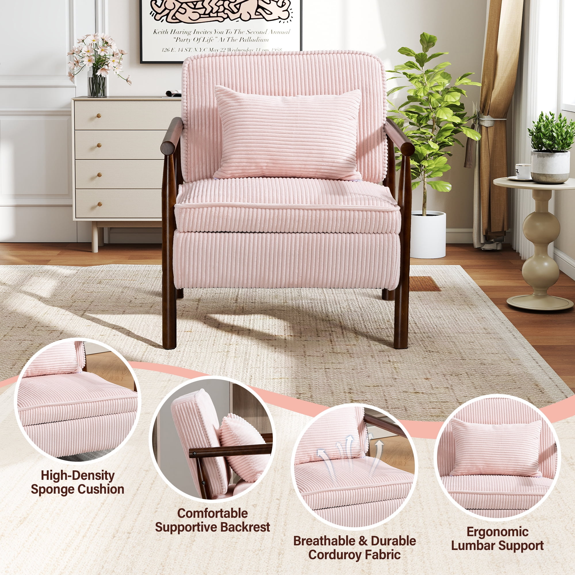 Aukfa Upholstered Accent Chair with Storage Seat & Waist Cushion, High-Density Lounge Armchair for Living Room Bedroom,Pink