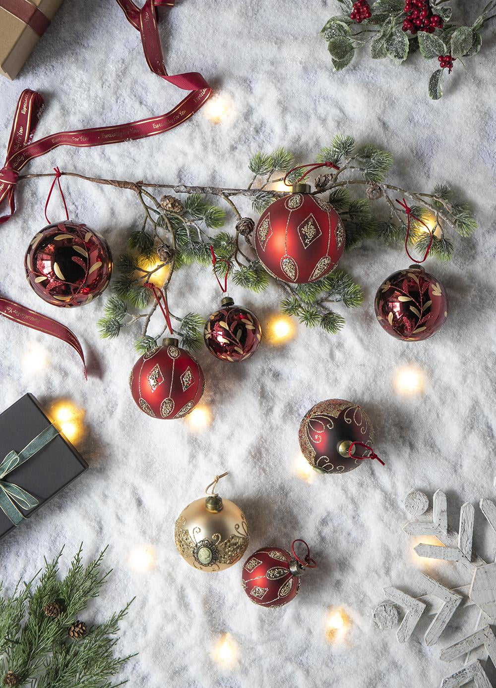 Set of 6 Glass Christmas Ball Ornaments with Glitter and Painting Design by Riccardo Tree Decor