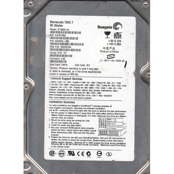 ST380011A, 5JV, WU, PN 9W2003-359, FW 3.06, Seagate 80GB IDE 3.5 Hard Drive