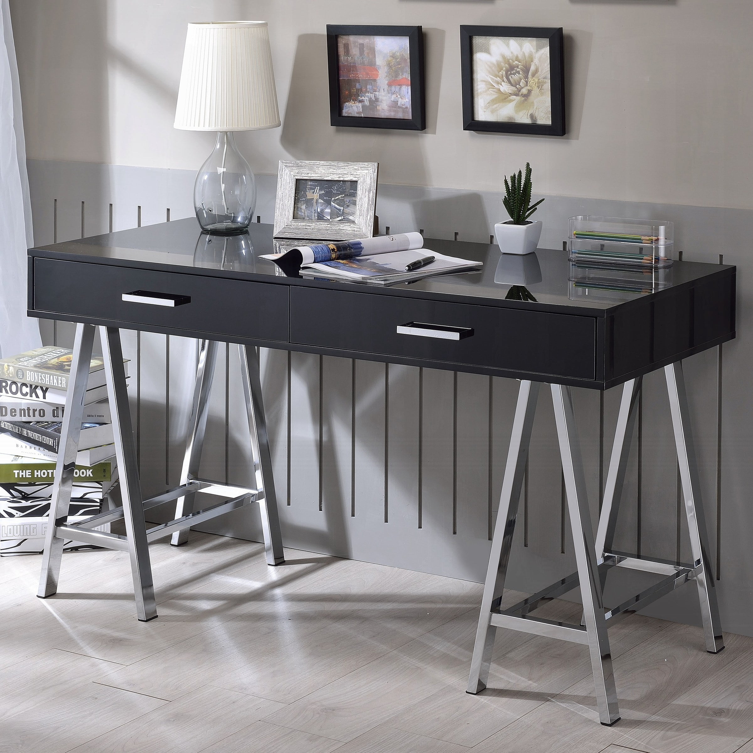 Astoutdoor Black High Gloss and Chrome 2-Drawer Writing Desk
