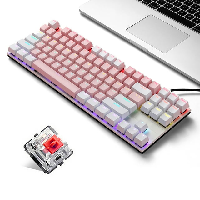 iBlancod K87 87-key wired mechanical keyboard with metal panel, two-color injection keycaps, 20 lighting effects, white and pink (red switches)