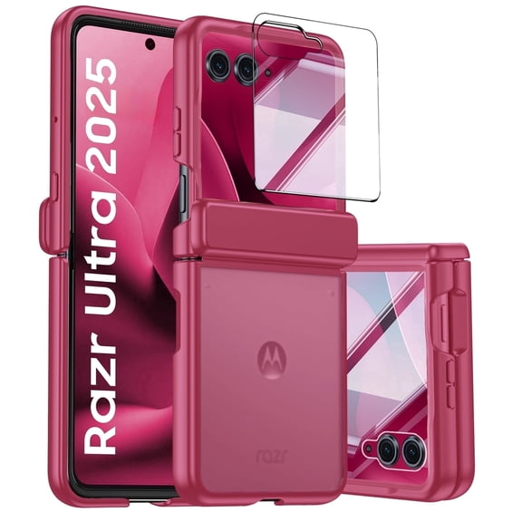 Vizvera for Motorola Razr Ultra 2026/2025 Phone Case,With Hinge Protection,Screen Protector,Skin Feel Translucent Frosted,Wireless Charging-Rose Red