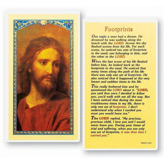 Footprints Laminated Catholic Prayer Holy Card with Prayer on Back, Pack of 25