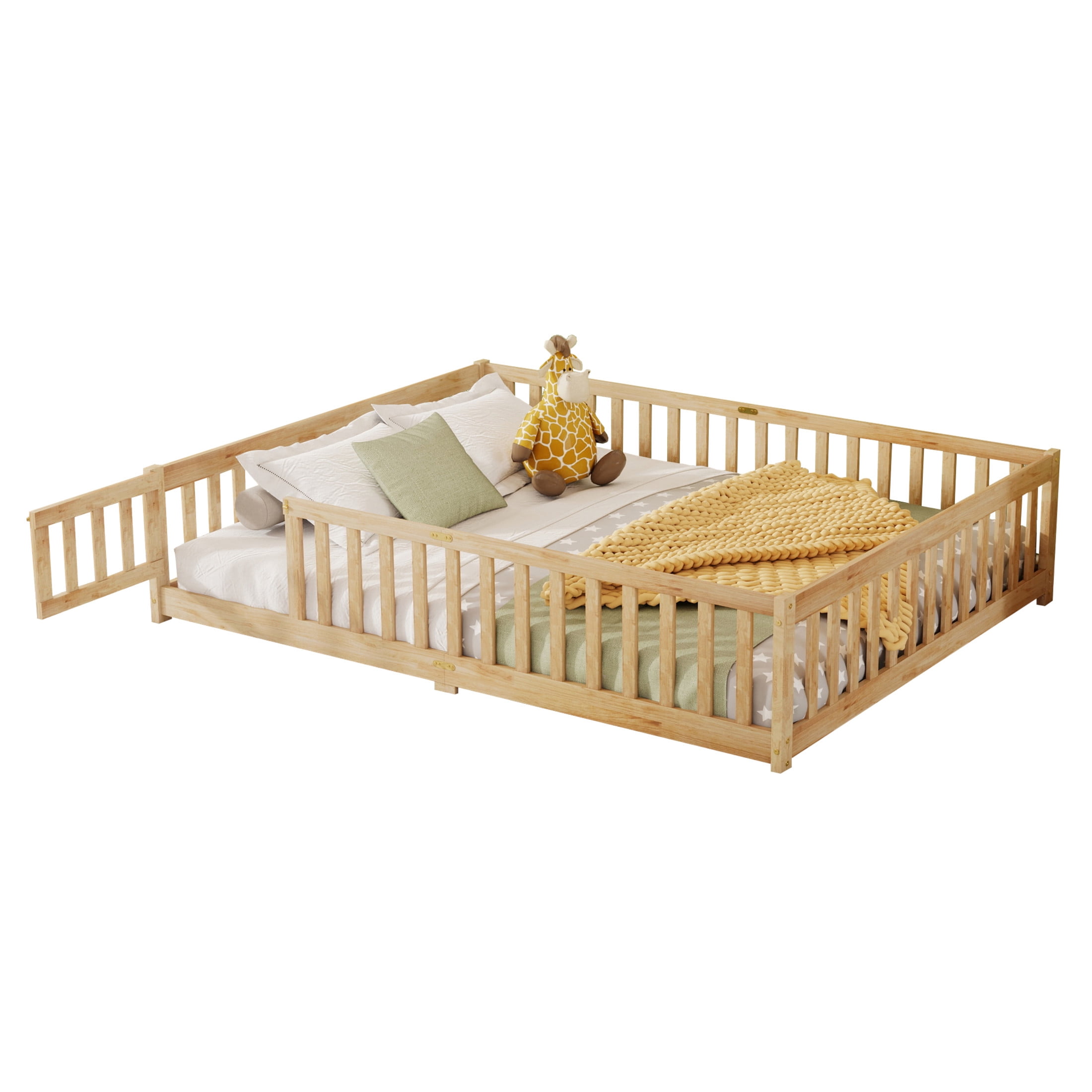 Noble House Queen Floor Bed with Safety Guardrails and Door, Rubber Wood Montessori Bed, Kid's Room, Natural