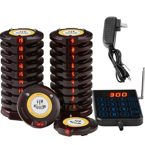 VEVOR Restaurant Pager System, Wireless 500m Long Range Lineup Waiting Queue Signal, Guest Customer Calling Beepers with Vibration & Flashing, 20 Buzzers for Food Truck, Church, Nursery, Hospital