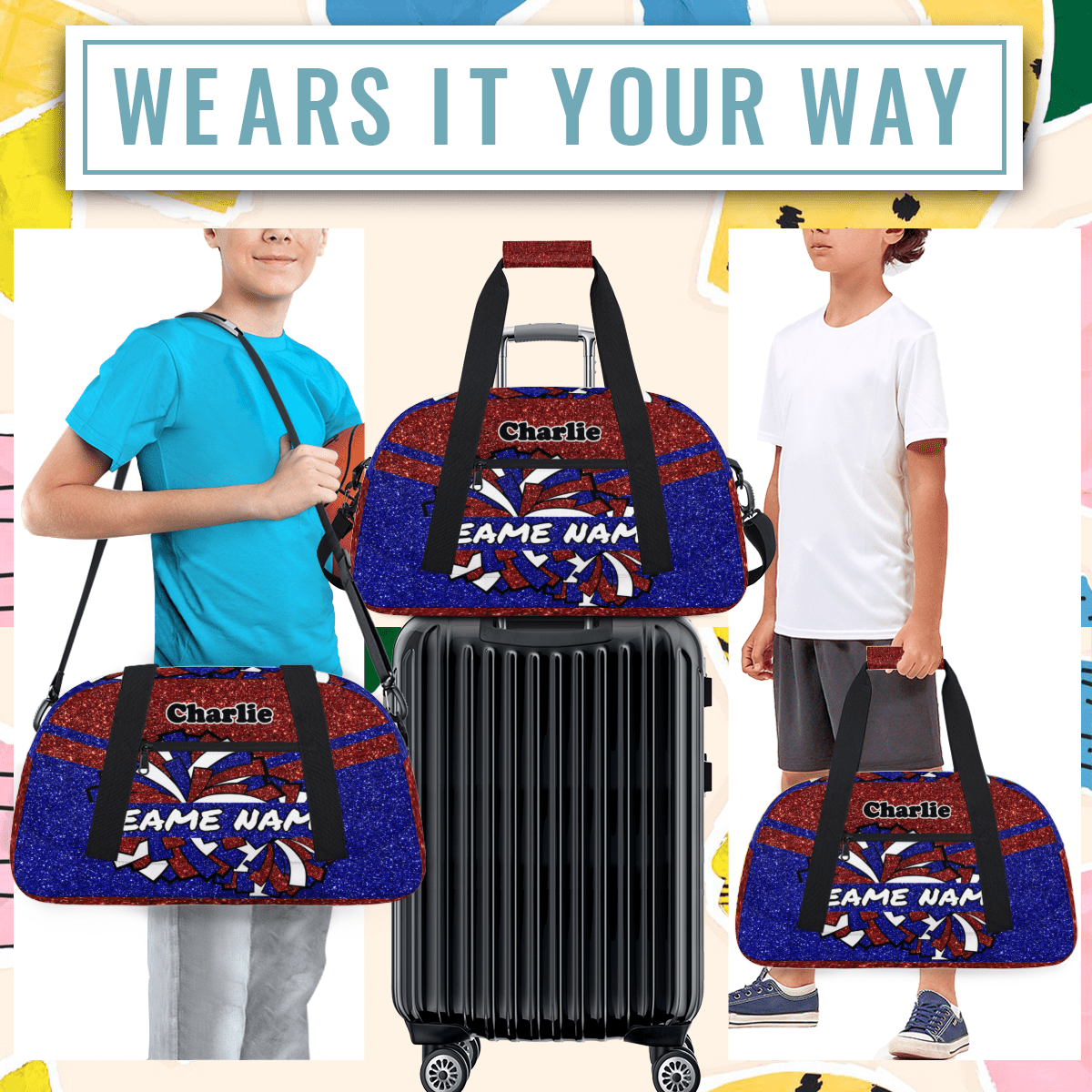 Personalized Cheerleader Bag Dance Bag for Girls, Custom Team Bag Gym Bag Sport Duffel Bag, Weekender Bags Travel Bag for Cheer Team Glitter Red Blue