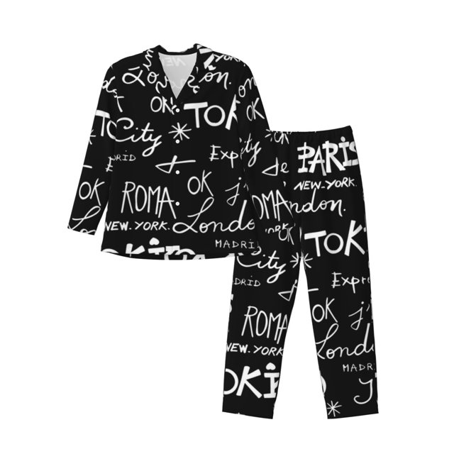 Fotbe Travel The World Pijama de Hombre con Estampado de Manga Larga, Conjunto de 2 Piezas, Ropa de Dormir Suave y Cómoda con Bolsillos-X-Large