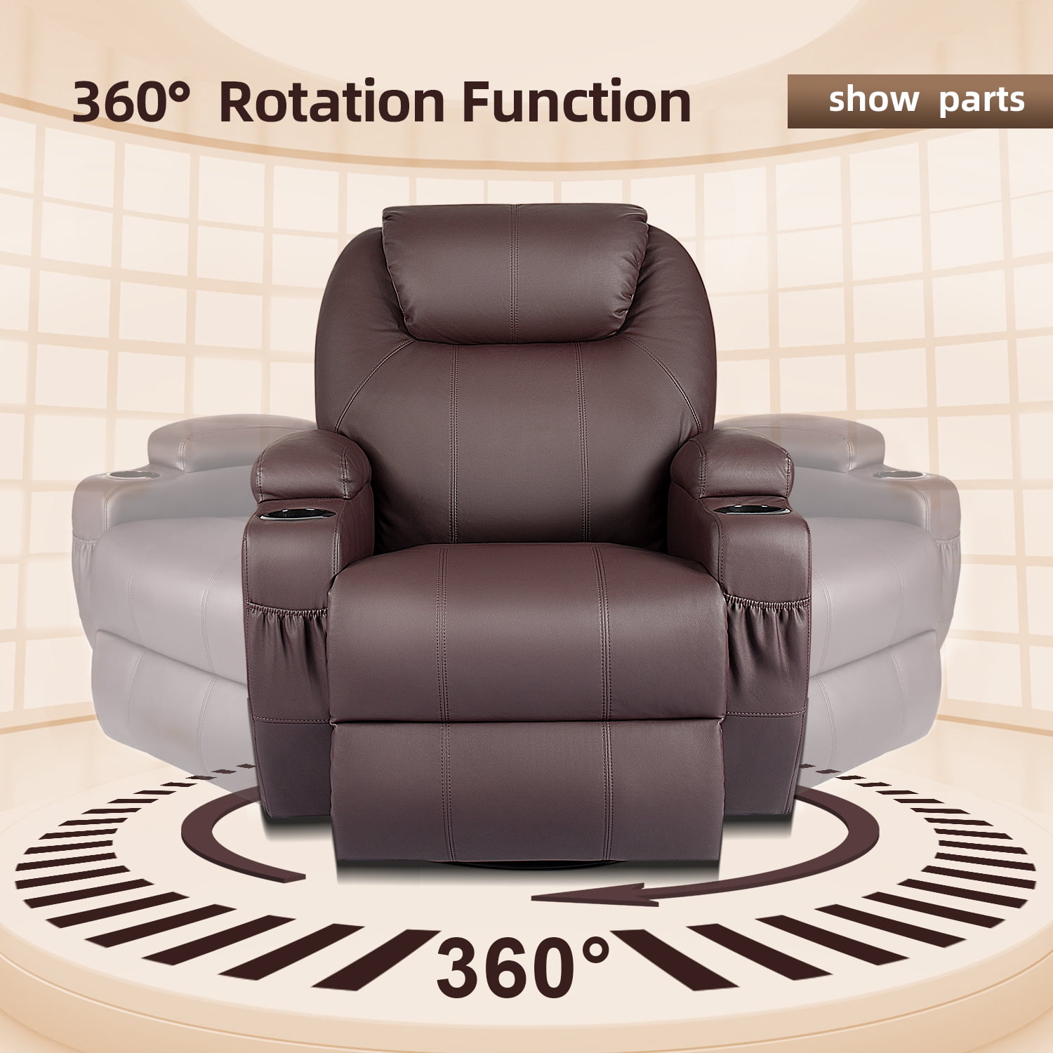 Vineego 360° Swivel PU Leather Chair with Massage Function Adjustable Home Theater Single Recliner,Brown