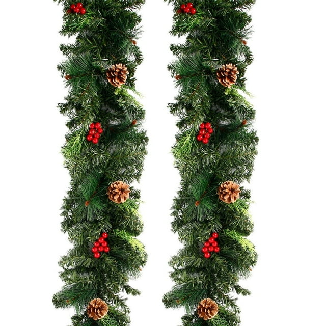 MesaSe Guirlandes de Noël Pré-Éclairées avec Lumière LED Couronnes de Noël Illuminées avec Pommes de Pin Baies Rouges Guirlande de Noël Artificielle pour Fête Cheminées Escaliers Porte d'Entrée Décoration du Nouvel An