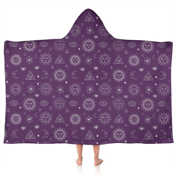Purple Sun Moon Triangle Pattern Hooded Bath Towel,50"x30" for Ages 3 To 12 Kids, Quick Dry Lightweight Soft Microfiber Hood Beach Towel Cover Up for Kids