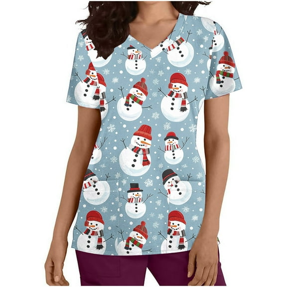 Jjayotai Christmas Scrub Tops Women, Christmas Scrubs Shirt, Holiday Cute Fun Prints Medical Nursing Uniforms Tops Light Blue XXL