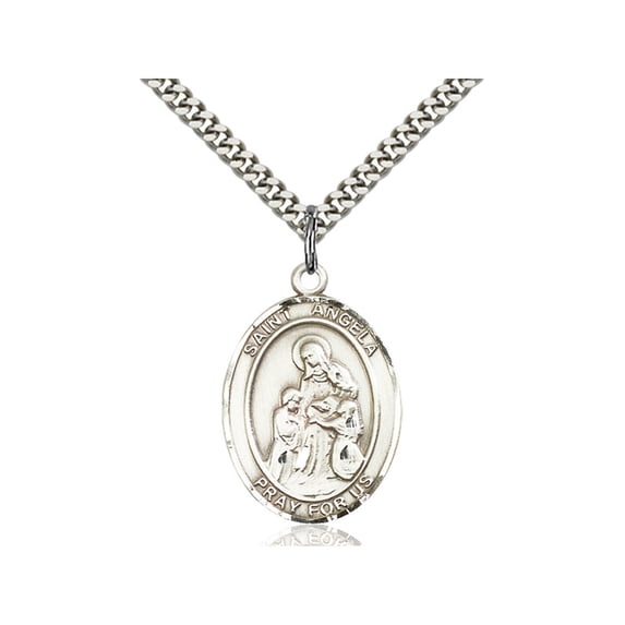 Sterling Silver St. Angela Merici Pendant 1 x 3/4 inches with Heavy Curb Chain