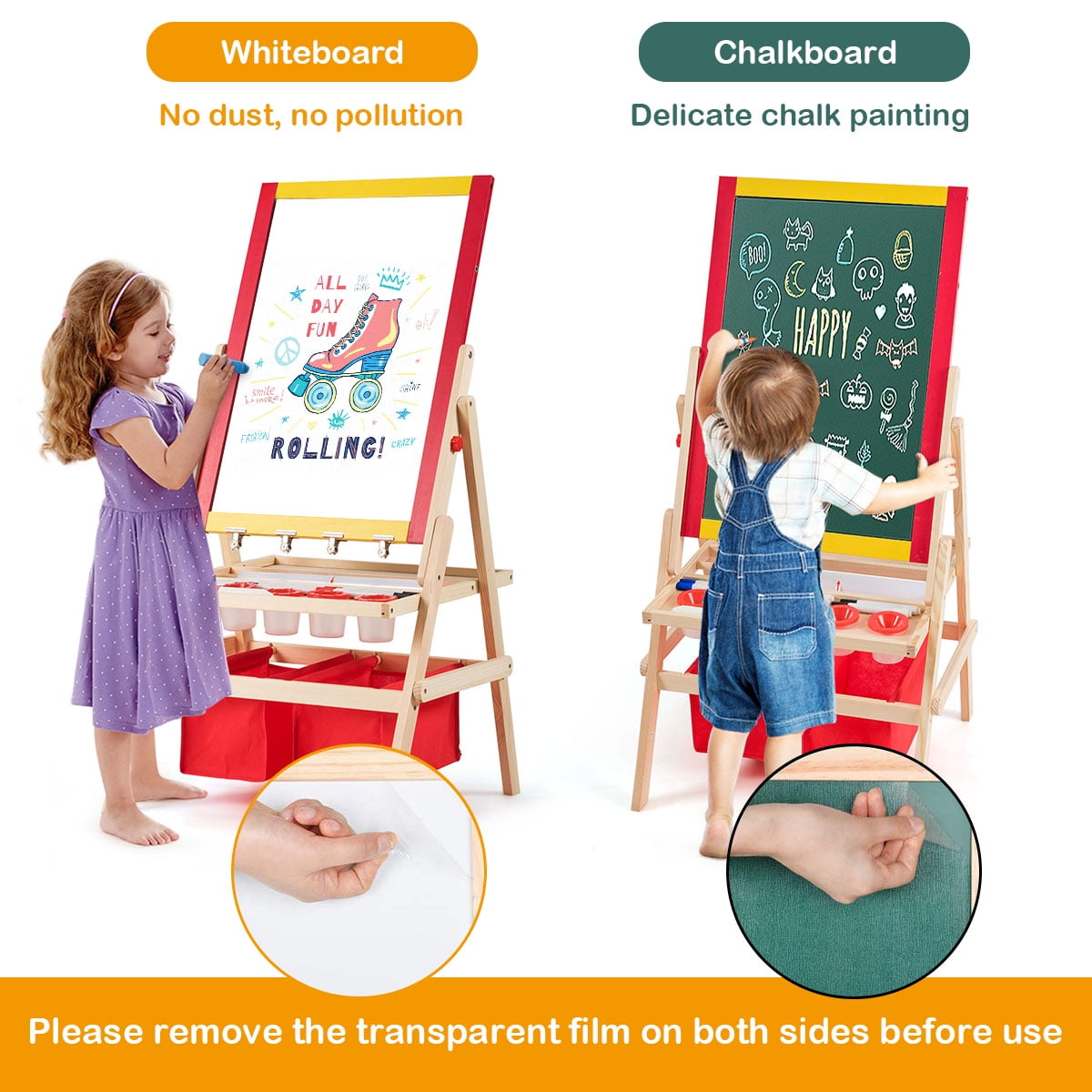 Costway Flip-Over Double-Sided Kids Art Easel Paper Roll Storage Bins