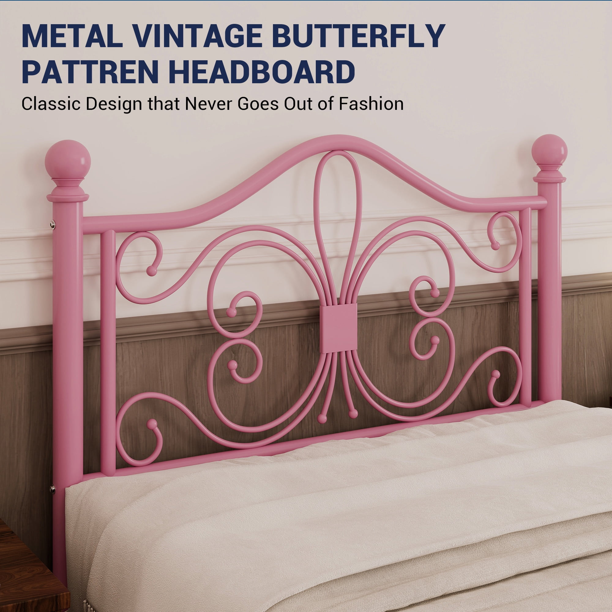 Allewie Twin Size Vintage Metal Bed Frame with Butterfly Pattern Design Headboard & Footboard, Pink
