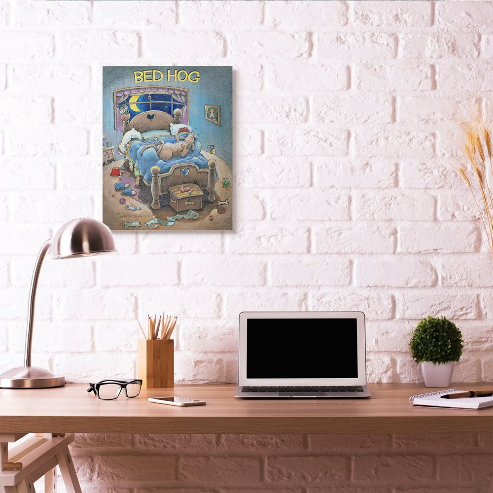 Bed Hog Funny Pet Dog Cartoon Design Oversized Stretched Canvas Wall Art by Gary Patterson