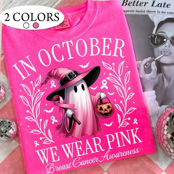 In October We Wear Pink PNG Png, Breast Cancer Awareness Png, Retro Breast Cancer Png, Halloween Pink Ghost png, Halloween Shirt Sublimation