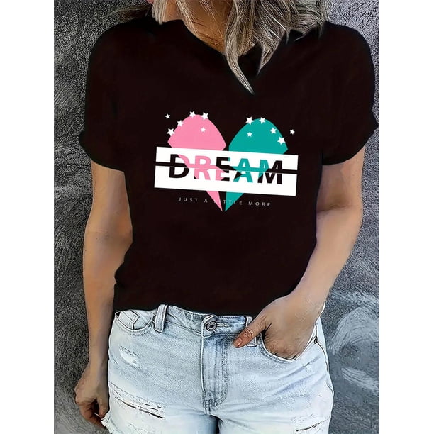 Camiseta Para Mujer Verano Suave Camiseta Con Cuello Redondo Para Mujer Para Caminar Por La CalleWomen'S Dream Heart Print Fashion T-Shirt, Casual Crew Neck Short Sleeve Tee, Comfortable Polyester B