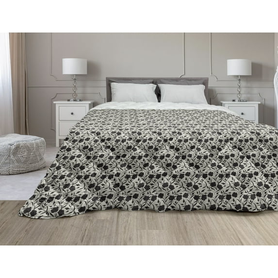 Floral Down Alternative Comforter, Monochrome Style Ornamental Garden Elements Flourishing Vintage Blossoms, Microfiber Quilt for All Season, 5 Sizes, Charcoal Grey White, by Ambesonne