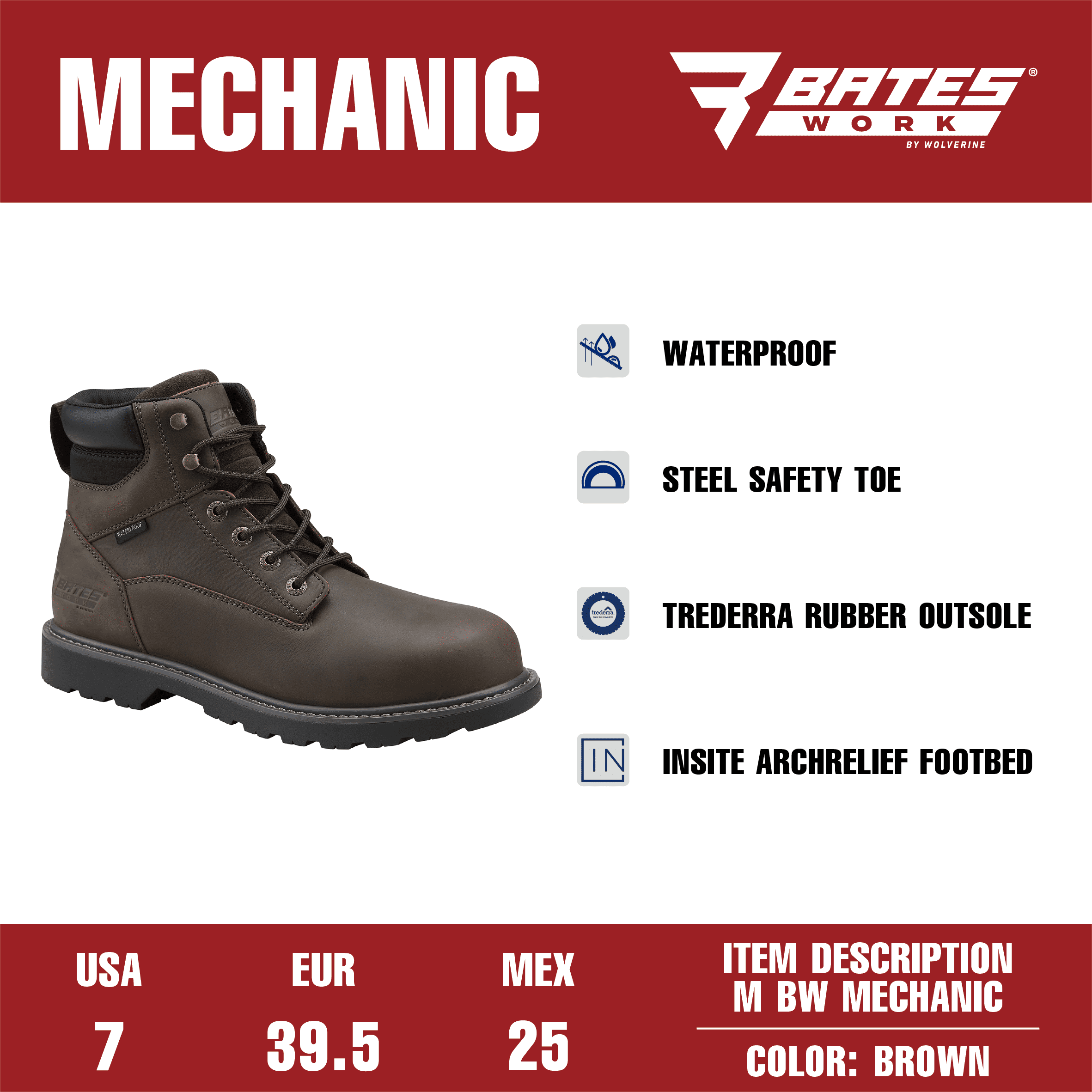 Bates Work by Wolverine Men's Mechanic Waterproof Steel Toe Work Boot