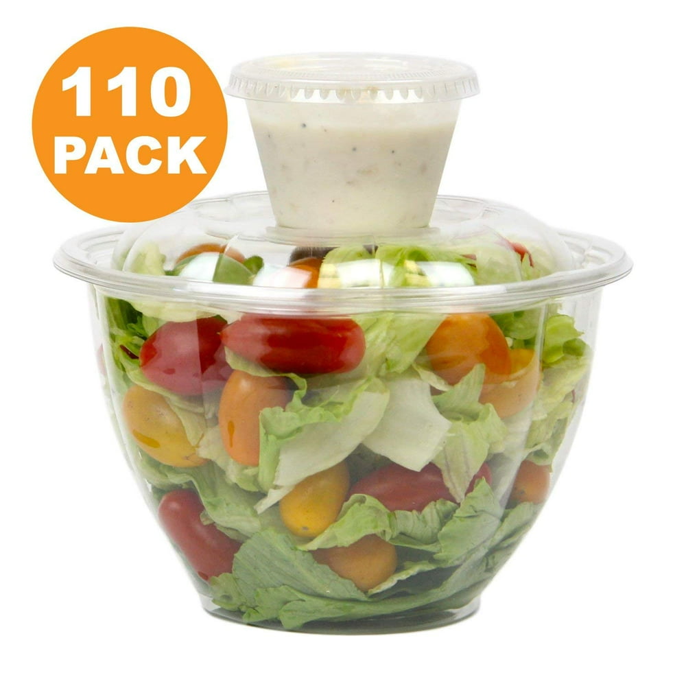 48 OZ Clear Plastic Bowl With Dome Lids 4 OZ Dressing Sauce Cup Combo for Salads Fruits Parfaits