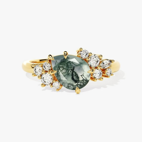 925 Sterling Silver Ring, Pear Cut Moss Agate & Diamond Ring, Engagement Ring, Round Moissanite Cluster Set Promise, Gamstone Ring, Gift for Wife, Any event Gift for hare