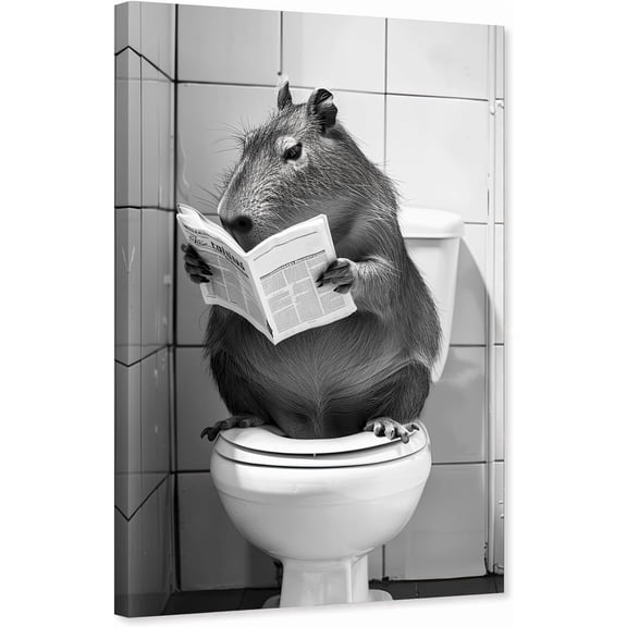 ZHONGYUTONG Funny Animal Canvas Wall Art Bathroom Pictures Wall Decor Black and White Capybara Painting for Toilet Decor Framed (12.00" x 18.00")
