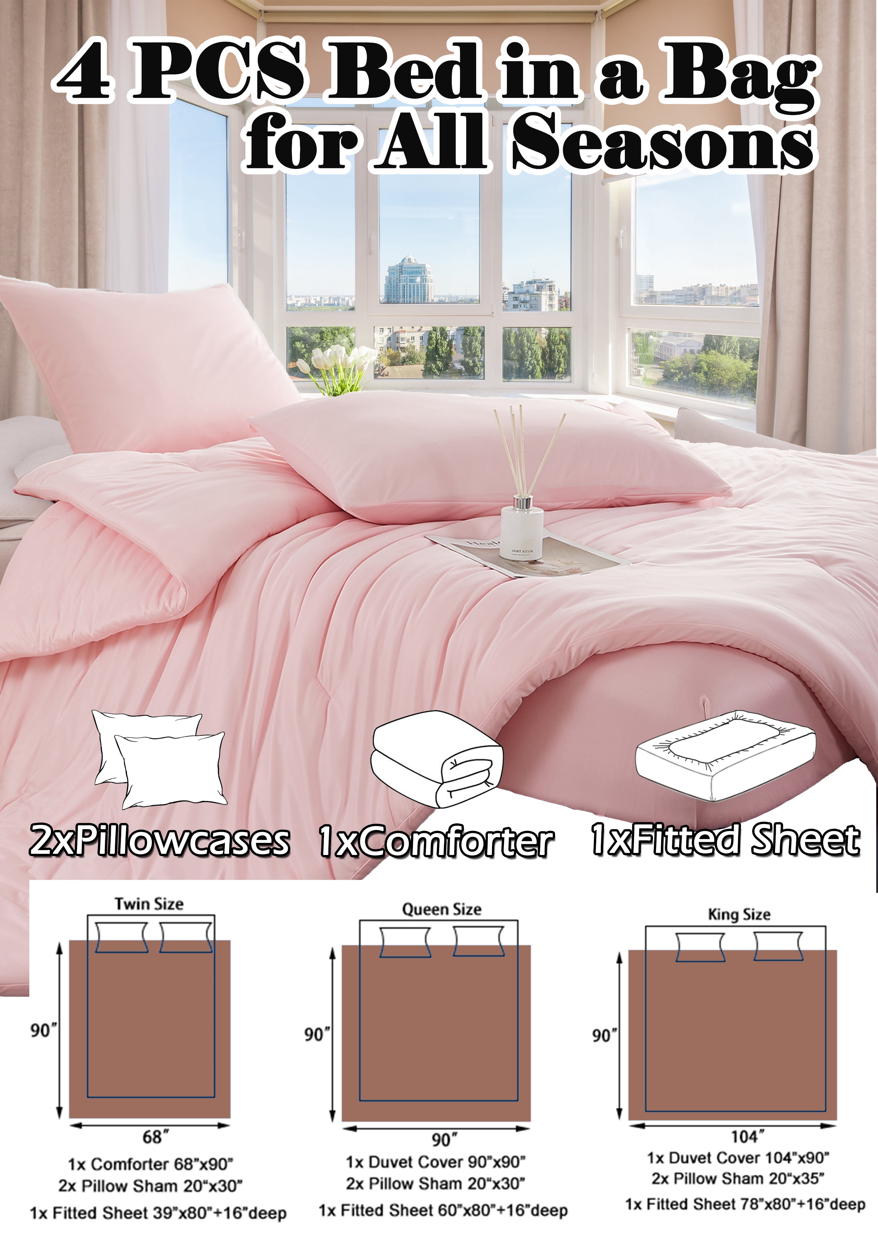 MorroMorn Pink Comforter Set Twin, 4 PCS Bed in a Bag for All Season, Pink Bed Set with Cloud Comforters, Fitted Sheets, Pillowcases, Ultra Soft for Girls Kids Teen Preppy Dorm (Pink, Twin/Twin XL)