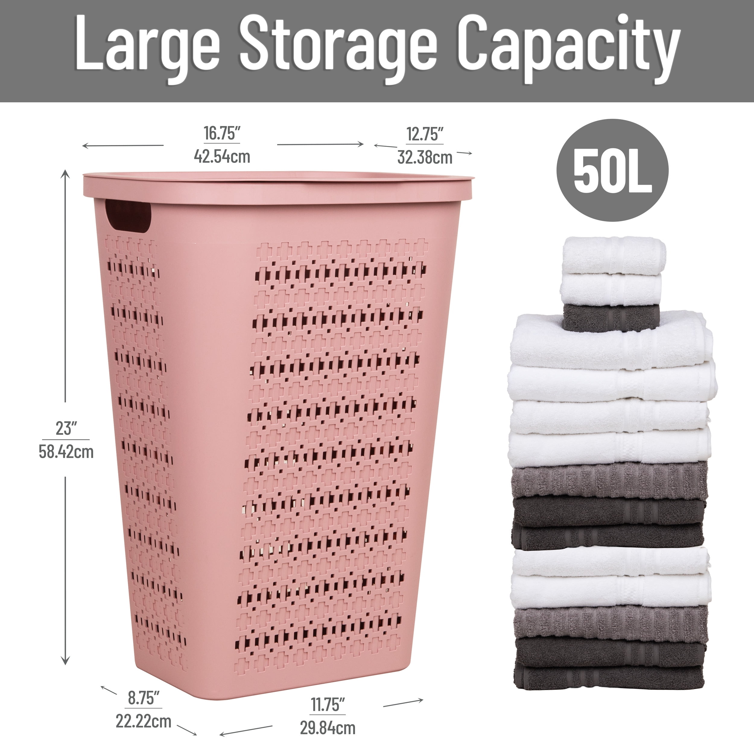 Mind Reader Slim Swiss Cross Cut-Outs Tapered Laundry Hampers with Lid, Plastic, Set of 2, Pink