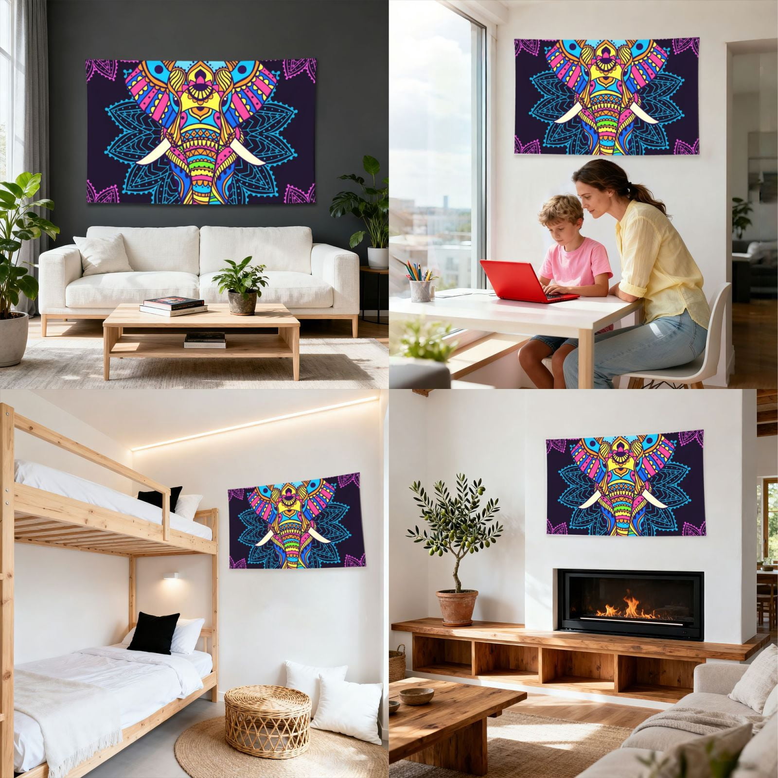 Boho Elephant Floral Psychedelic Four Hole Decorated Banner Flag for Garden Yard Home Decoration Indoor Outdoor 4x6 Ft