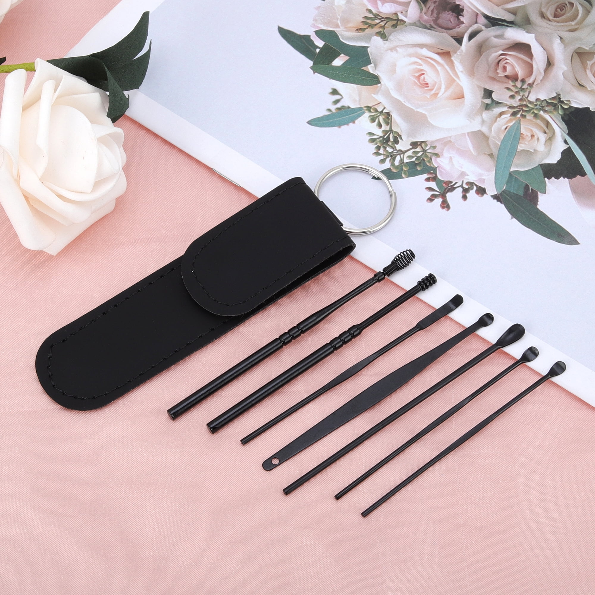 Unique Bargains Long Handle Earwax Cleaning Tool Kit 7Pcs Black
