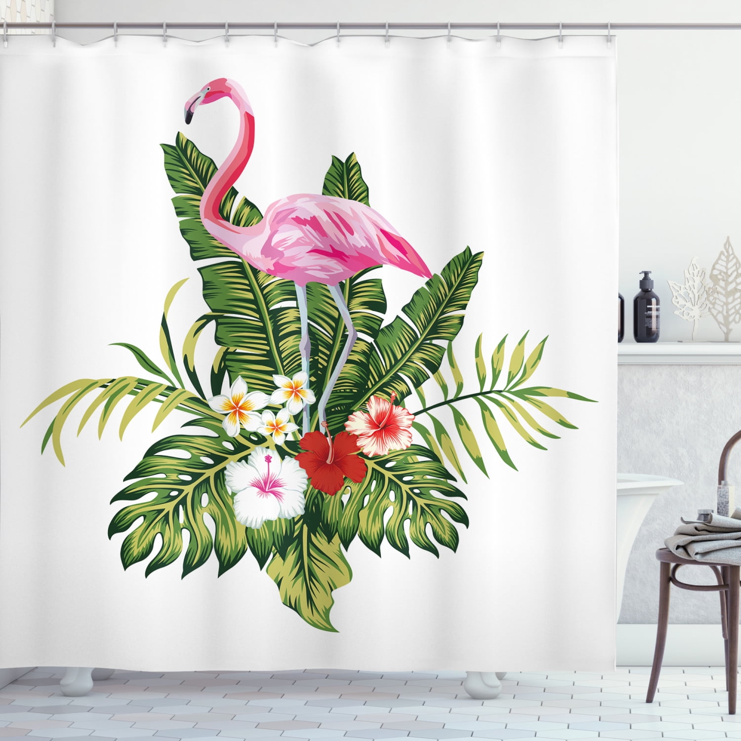 Vintage Palm Shower Curtain, Exotic Bird Flamingo with Endemic Flowers