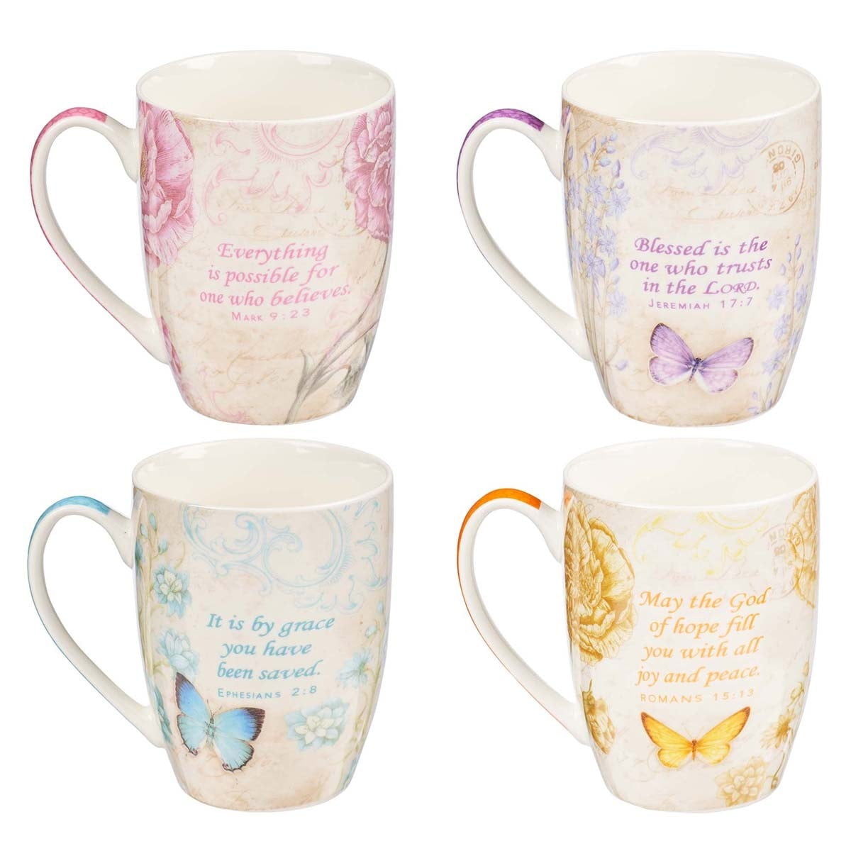 Botanic Butterfly Blessings Coffee/Tea Mug Set w/Scripture  Teal Grace Butterfly, Purple Blessed Butterfly, Pink Believe Butterfly, Yellow Hope Butterfly, Microwave/Dishwasher Safe, Ceramic 12oz