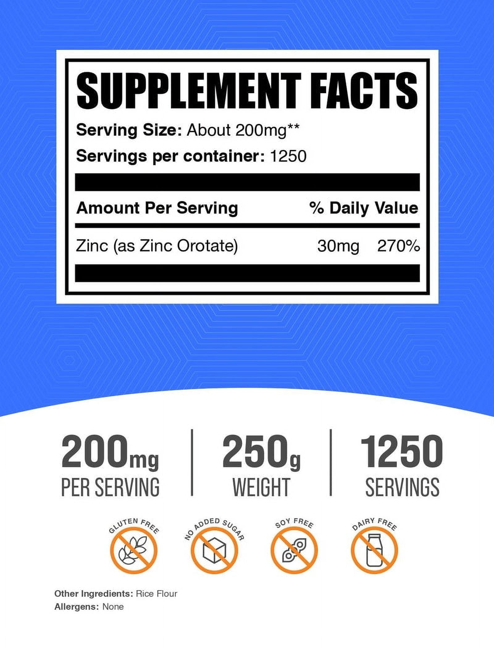 BulkSupplements Zinc Orotate Powder - Gluten Free, 200mg per Serving - 500 Grams (1.1 lbs) - 2500 Servings