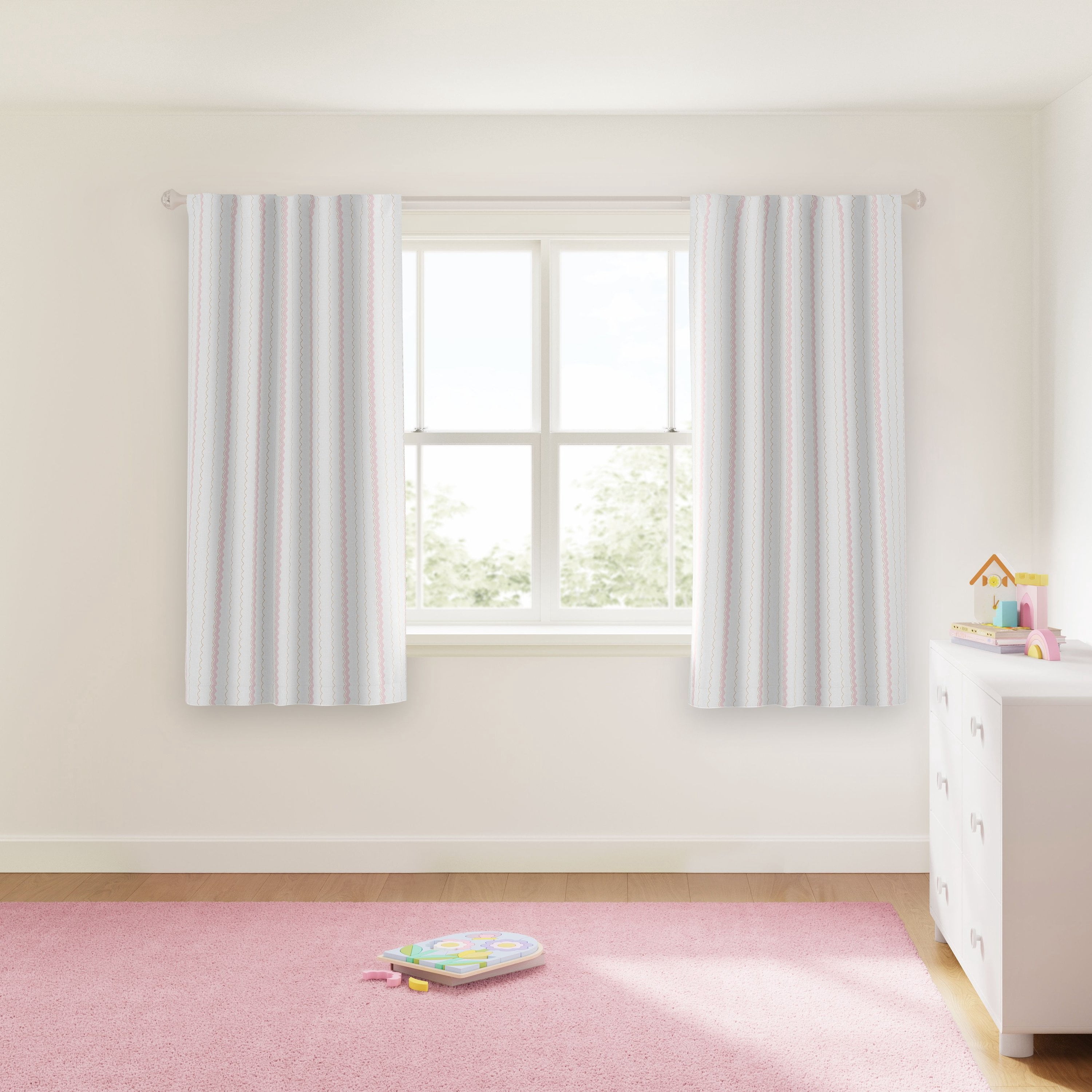 Mainstays Kids White and Pink Scallop Stripe Sheer Overlay Blackout Rod Pocket with Back Tabs Single Curtain Panel, 38" W x 63" L