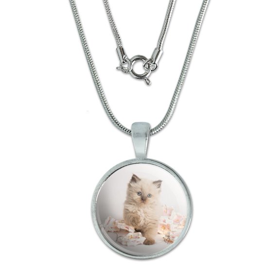 Miradoll Ragdoll Cat Kitten Flowers 0.75" Pendant with Sterling Silver Plated Chain