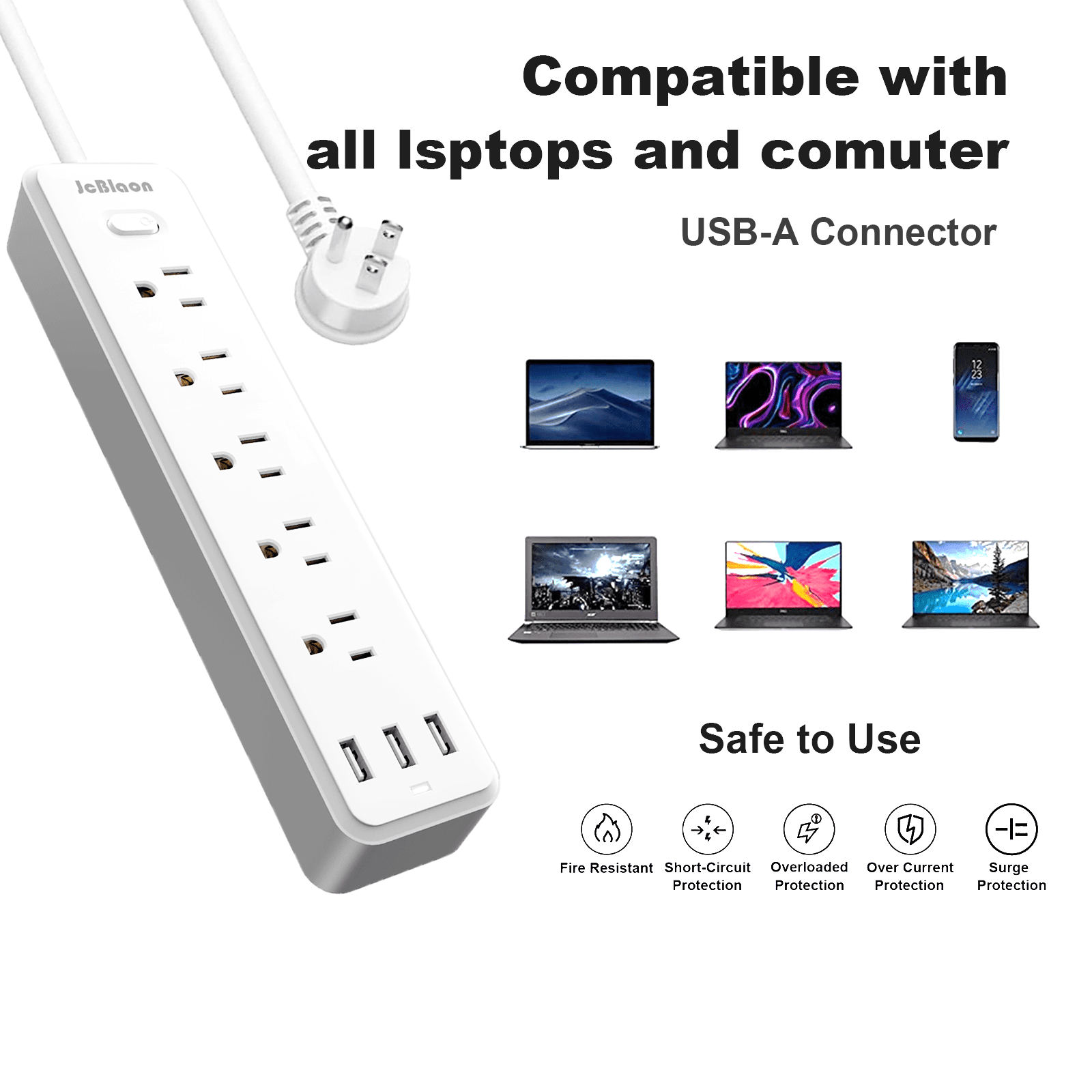 Surge Protector Power Strip with 5 AC Outlets 3 USB Ports 3.3 ft Extension Cords ETL Listed, White