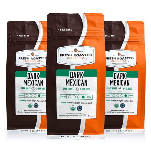3 pack Fresh Roasted Coffee, Organic Dark Mexican Coffee, Dark Roast, Ground, 12 oz