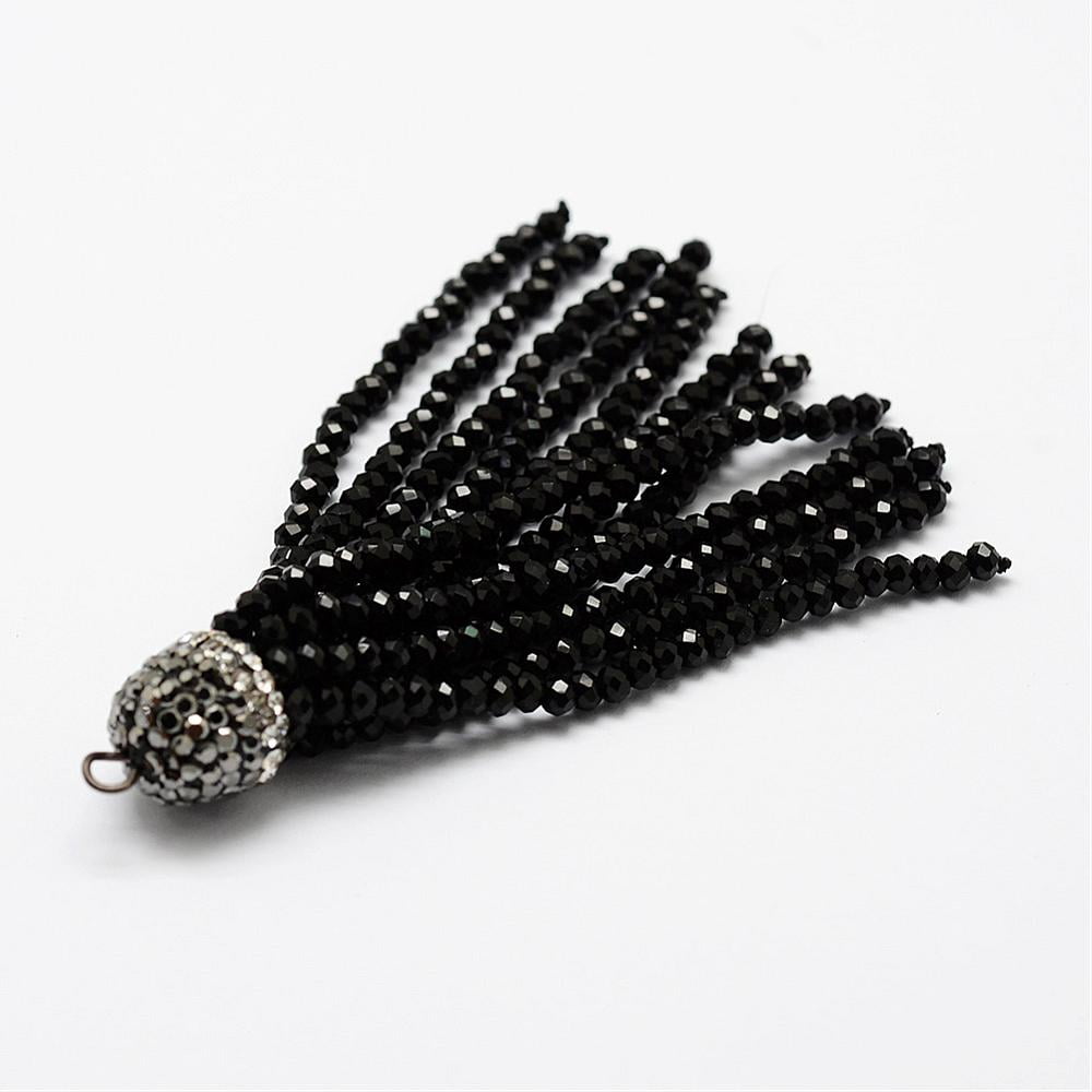 Electroplate Glass Bead Tassel Big Pendants with Brass Rhinestone Findings Black 76x10.8mm Hole: 2.5mm