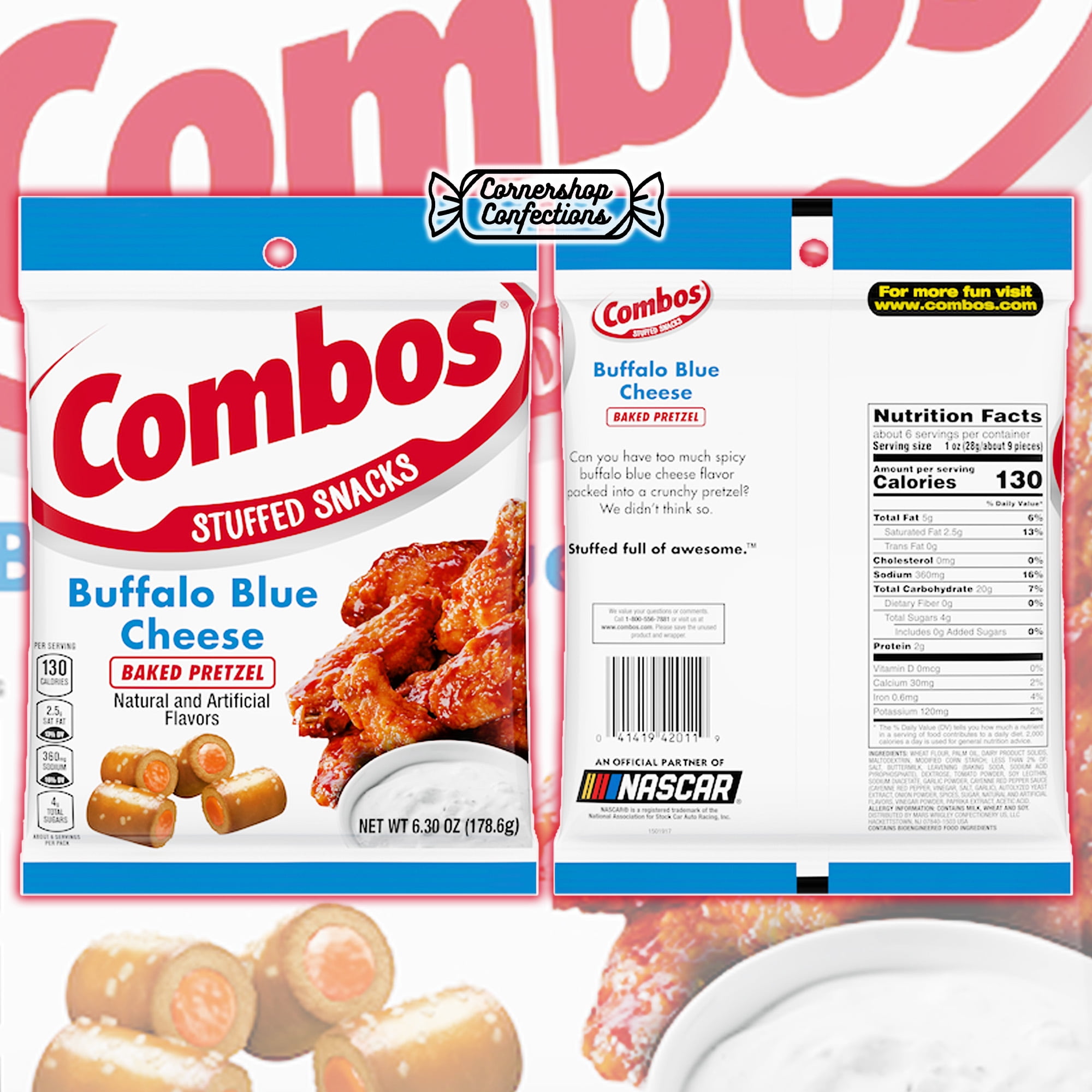 Combos Buffalo Blue Cheese Flavored Baked Pretzel Bulk Pack - 4 Separate 6.3 oz Bags for Over 24 Ounces Total - Stuffed Pretzel Snacks for Road Trips, School, Work in Cornershop Confections Packaging