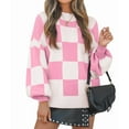 thumbnail image 2 of Women'S Fall Fashion Roll-Neck Long Sleeve Plaid Ribbed Knit Loose Pullover Sweater Tops Pink Checkered L, 2 of 9