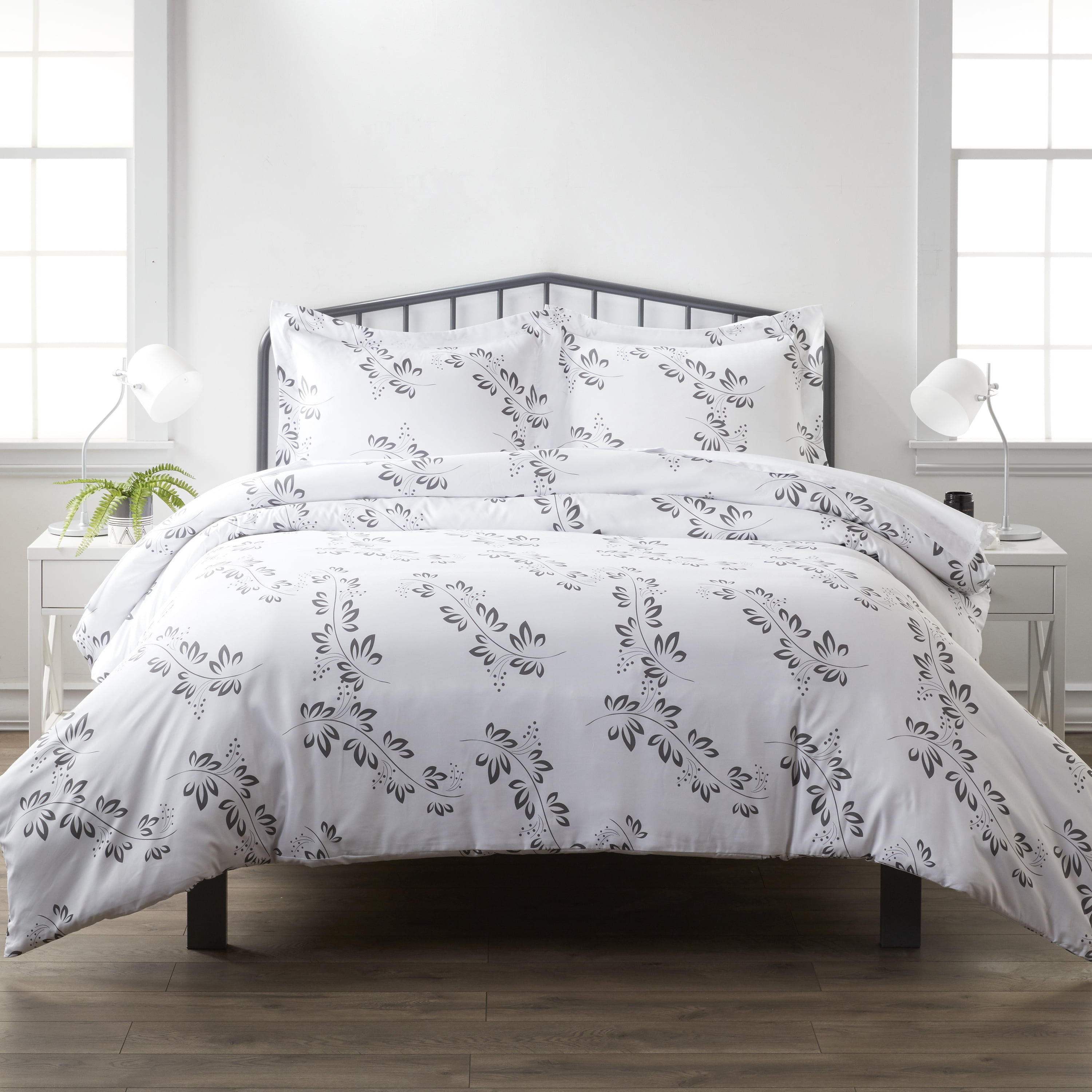 Noble Linens Gray Simple Vine Print Duvet Set 3-Piece Duvet Cover Set, Full/Queen