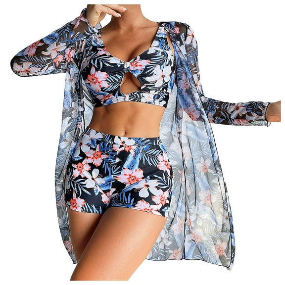WREESH Womens 3 Piece Swimsuits Board Shorts Bikini Set with Kimono Beach Cover Ups Printed Bikini Straps Bikini Deep V Split Swimsuit Set Swimsuit Set Bathing Suit Dark Blue