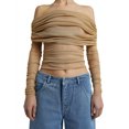 thumbnail image 3 of Mialoley Chemise Courte pour Femmes, Manches Longues Épaules Dénudées Plissée Couleur Unie Décontractée Fête Rue Été Hauts, 3 of 6