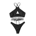 thumbnail image 4 of UTSJKR Women's Summer Bikini Set Ribbed Criss Cross Halter Bikini Swimsuit Fashion Beach Bathing Swimsuit Black L, 4 of 5